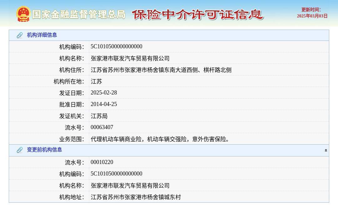 張家港市聯發汽車貿易有限公司換發保險中介許可證，發證日期2025年2月28日:汽車貿易有限公司

